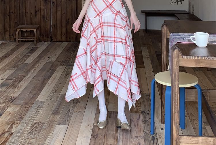Spaghetti Strap V-Neck Plaid Midi A-Line Dress