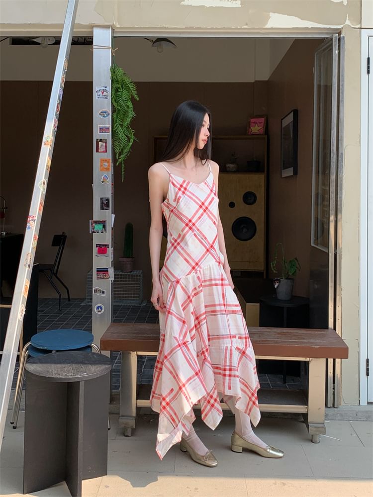 Spaghetti Strap V-Neck Plaid Midi A-Line Dress