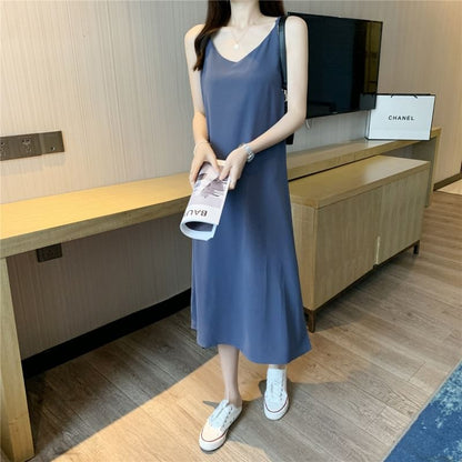 Spaghetti Strap V-Neck Plain Midi Shift Dress