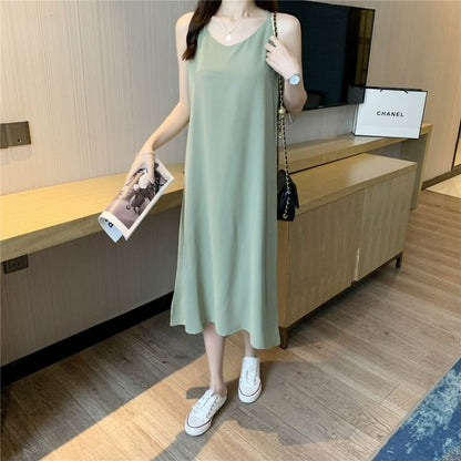 Spaghetti Strap V-Neck Plain Midi Shift Dress
