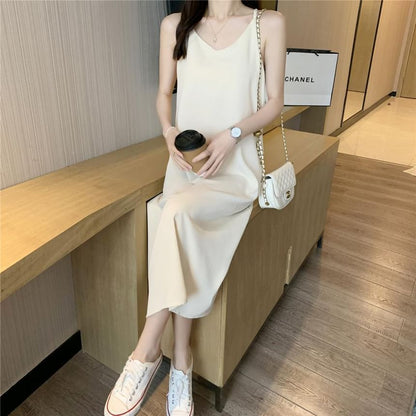 Spaghetti Strap V-Neck Plain Midi Shift Dress