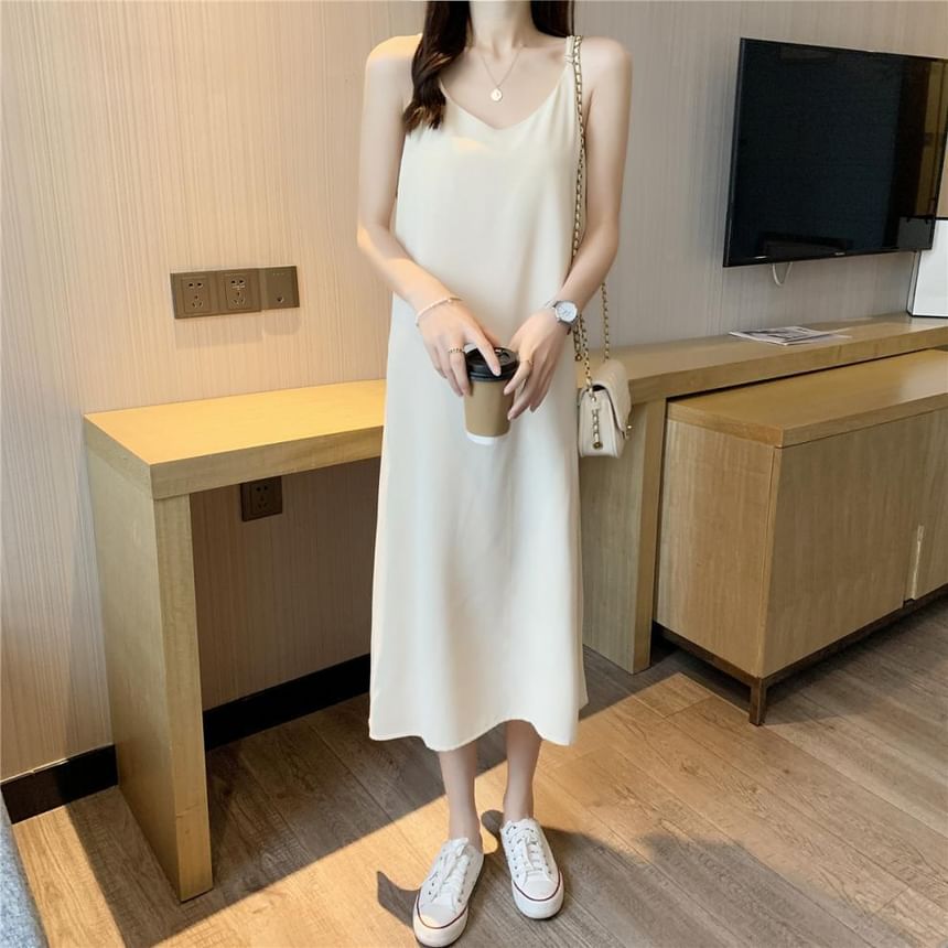 Spaghetti Strap V-Neck Plain Midi Shift Dress