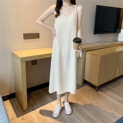 Spaghetti Strap V-Neck Plain Midi Shift Dress