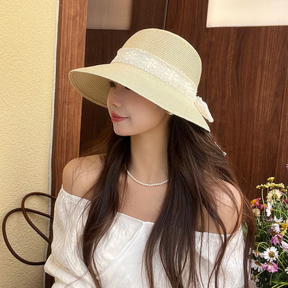 Lace Ribbon Straw Bucket Hat