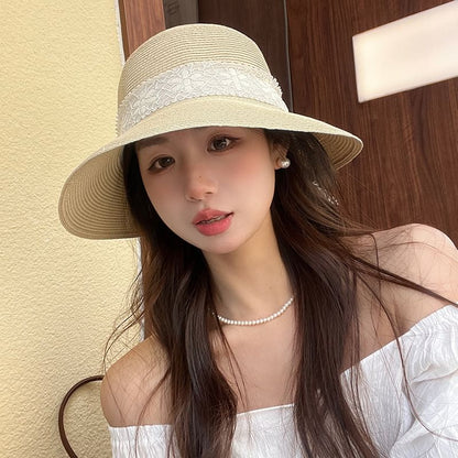 Lace Ribbon Straw Bucket Hat