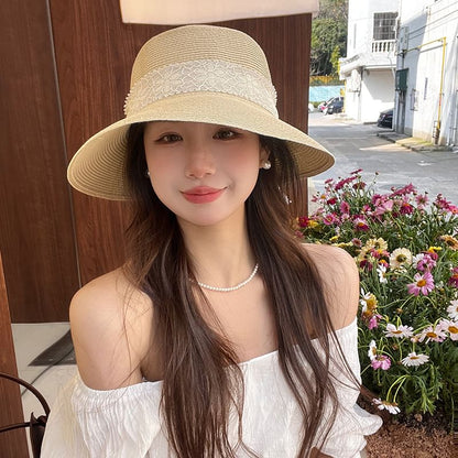 Lace Ribbon Straw Bucket Hat
