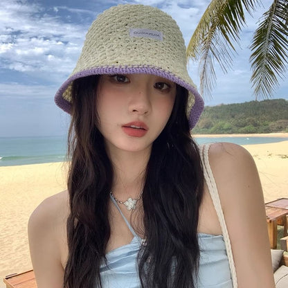 Lettering Applique Contrast Trim Knit Bucket Hat