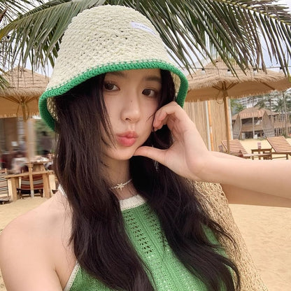 Lettering Applique Contrast Trim Knit Bucket Hat