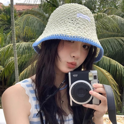 Lettering Applique Contrast Trim Knit Bucket Hat