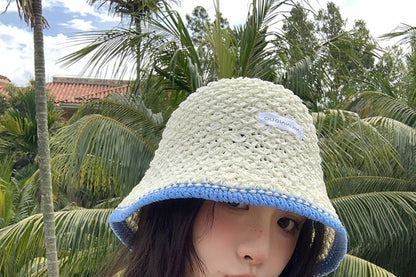 Lettering Applique Contrast Trim Knit Bucket Hat