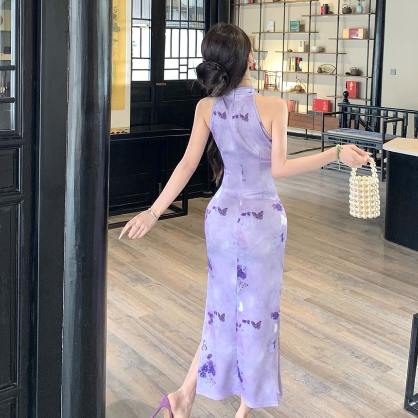 Halter Butterfly Print Slit Midi Qipao