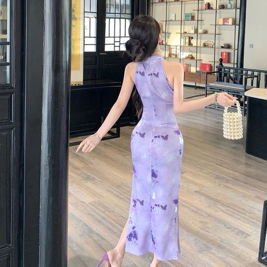 Halter Butterfly Print Slit Midi Qipao