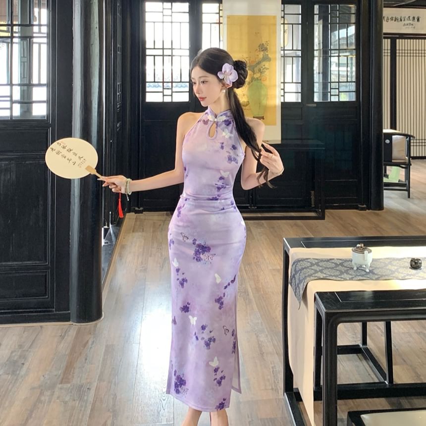 Halter Butterfly Print Slit Midi Qipao