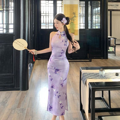 Halter Butterfly Print Slit Midi Qipao