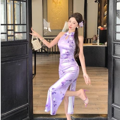 Halter Butterfly Print Slit Midi Qipao