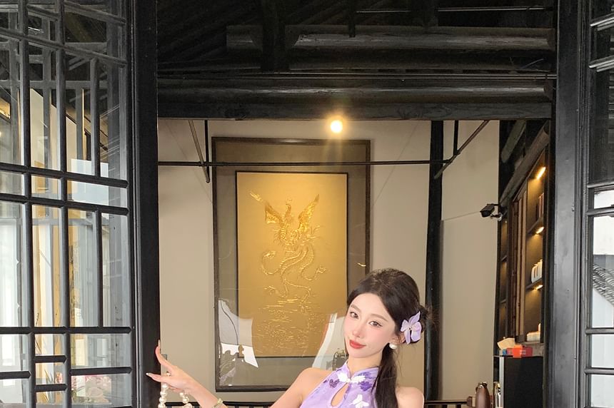 Halter Butterfly Print Slit Midi Qipao