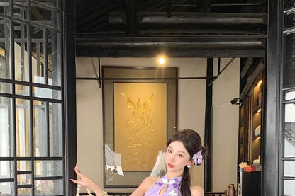 Halter Butterfly Print Slit Midi Qipao