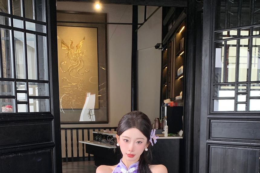 Halter Butterfly Print Slit Midi Qipao