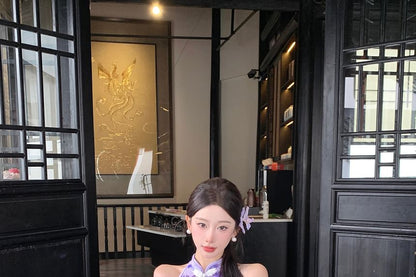 Halter Butterfly Print Slit Midi Qipao