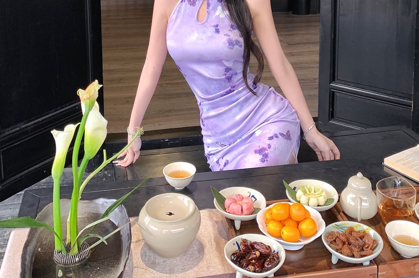 Halter Butterfly Print Slit Midi Qipao