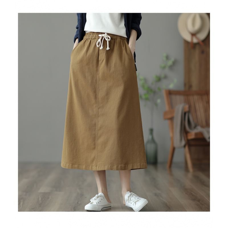 Drawstring Solid Midi Flared Skirt