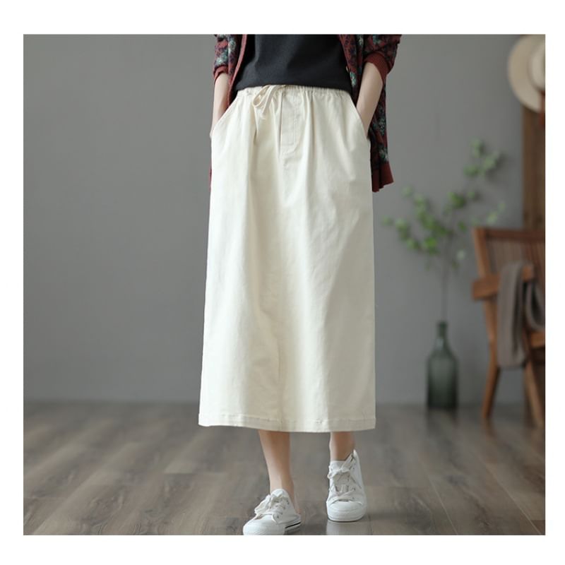 Drawstring Solid Midi Flared Skirt