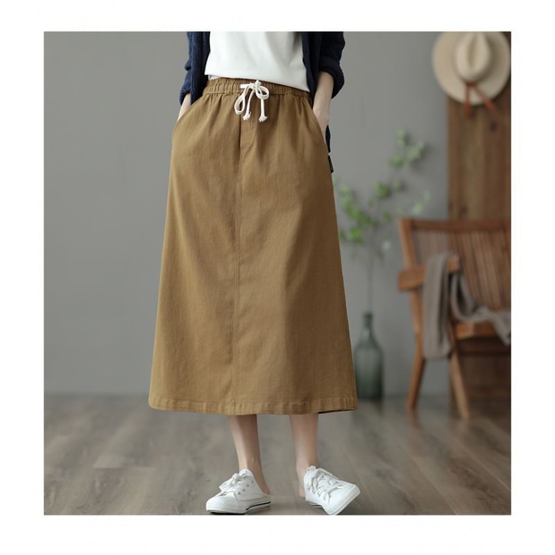 Drawstring Solid Midi Flared Skirt
