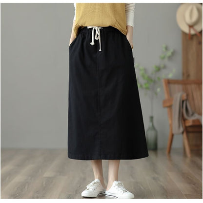 Drawstring Solid Midi Flared Skirt