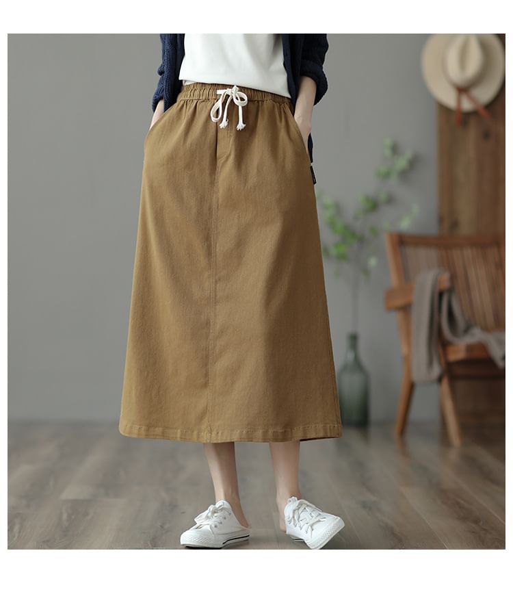 Drawstring Solid Midi Flared Skirt