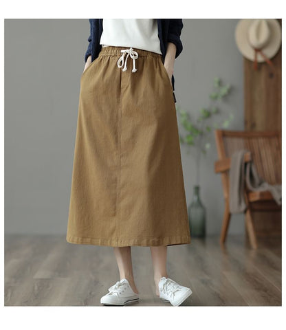 Drawstring Solid Midi Flared Skirt