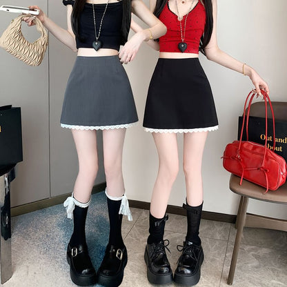 Lace Accent Mini Skirt with High Waist and A-Line Cut