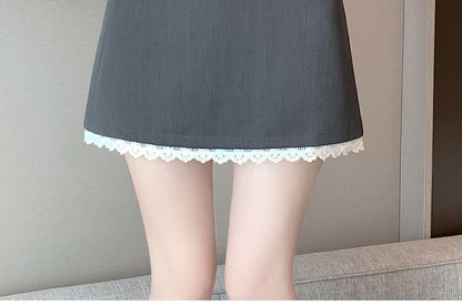 Lace Accent Mini Skirt with High Waist and A-Line Cut
