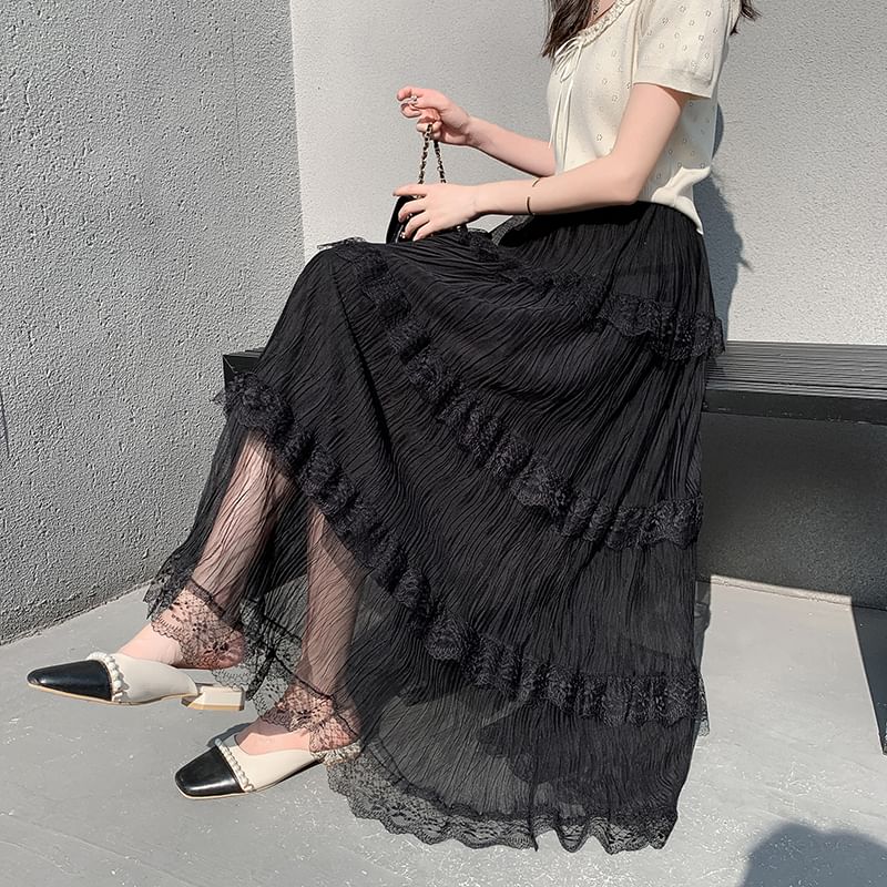 Tiered Maxi Skirt with Lace Trim and Elastic Waist