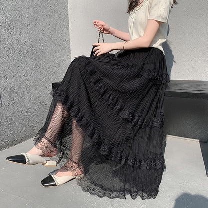 Tiered Maxi Skirt with Lace Trim and Elastic Waist
