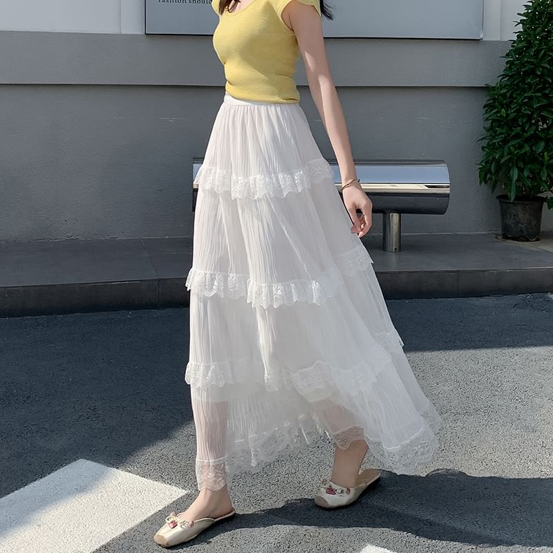 Tiered Maxi Skirt with Lace Trim and Elastic Waist