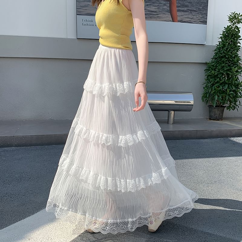 Tiered Maxi Skirt with Lace Trim and Elastic Waist
