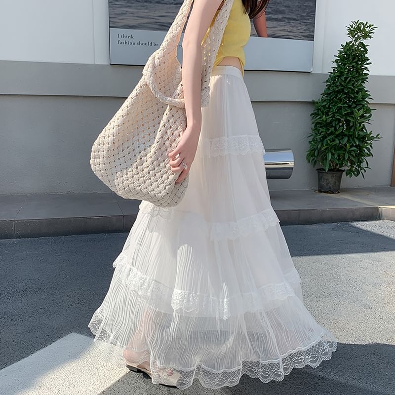 Tiered Maxi Skirt with Lace Trim and Elastic Waist