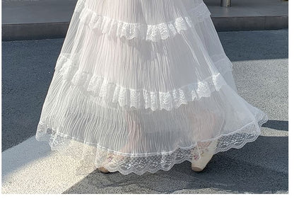 Tiered Maxi Skirt with Lace Trim and Elastic Waist