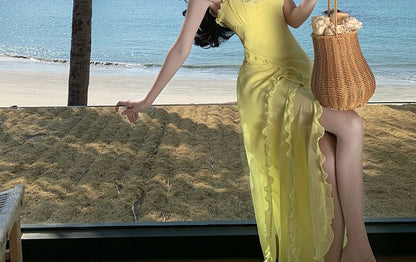 Spaghetti Strap V-Neck Plain Ruffle Trim Open Back Slit Maxi Bodycon Dress