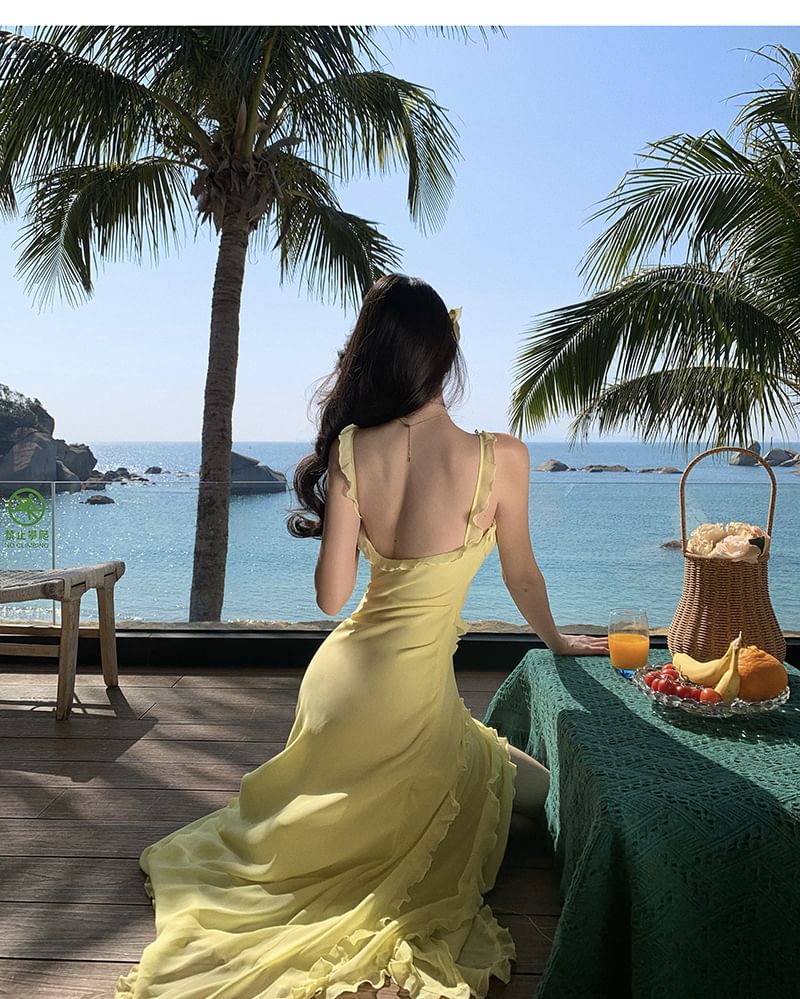 Spaghetti Strap V-Neck Plain Ruffle Trim Open Back Slit Maxi Bodycon Dress
