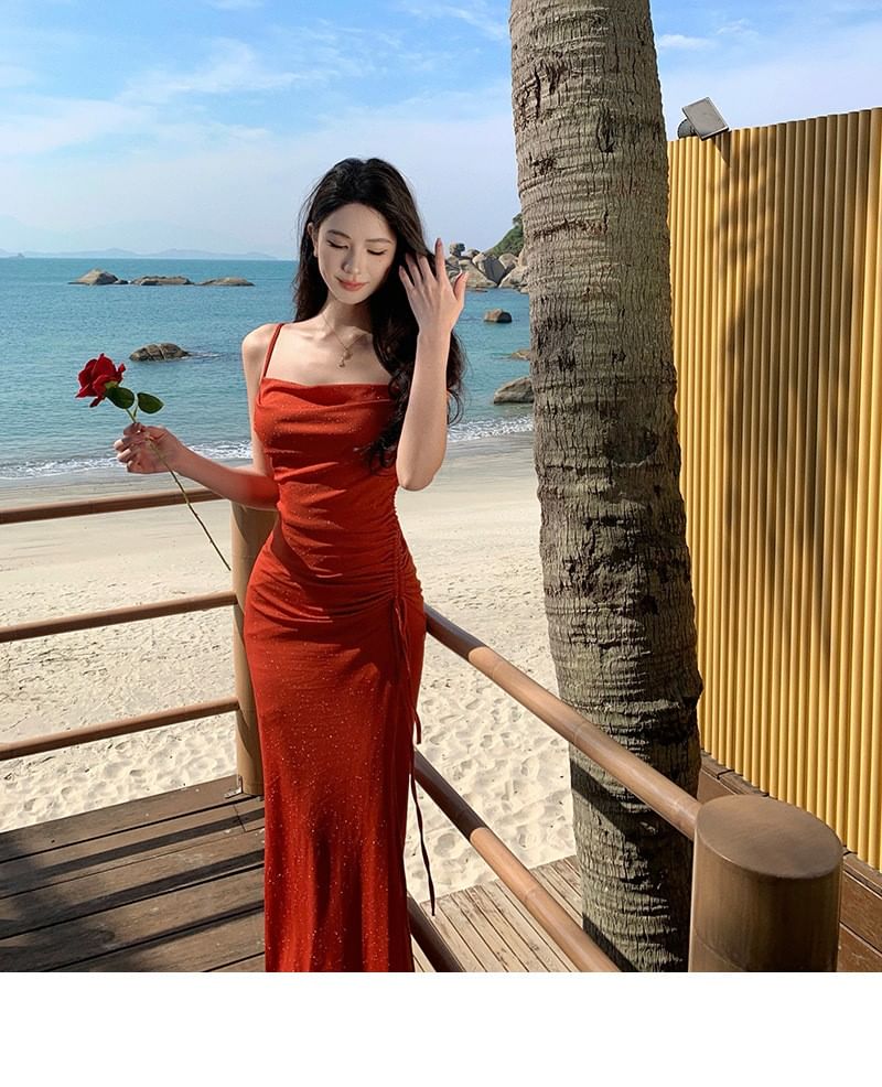 Spaghetti Strap Cowl Neck Glitter Drawstring Ruched Slit Maxi Bodycon Dress