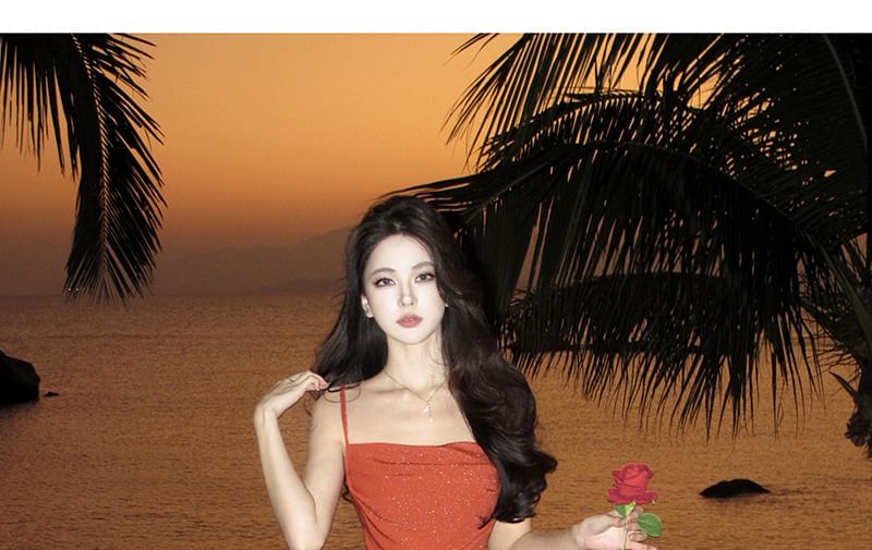 Spaghetti Strap Cowl Neck Glitter Drawstring Ruched Slit Maxi Bodycon Dress