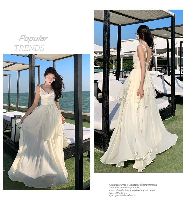 Spaghetti Strap V-Neck Plain Layered Open Back Maxi A-Line Dress