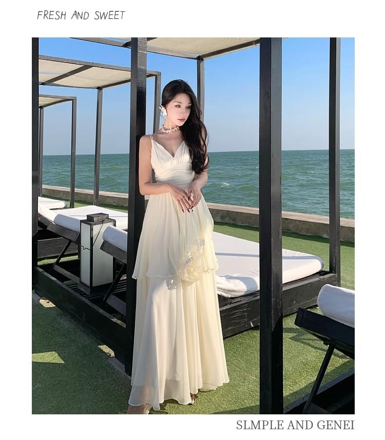 Spaghetti Strap V-Neck Plain Layered Open Back Maxi A-Line Dress