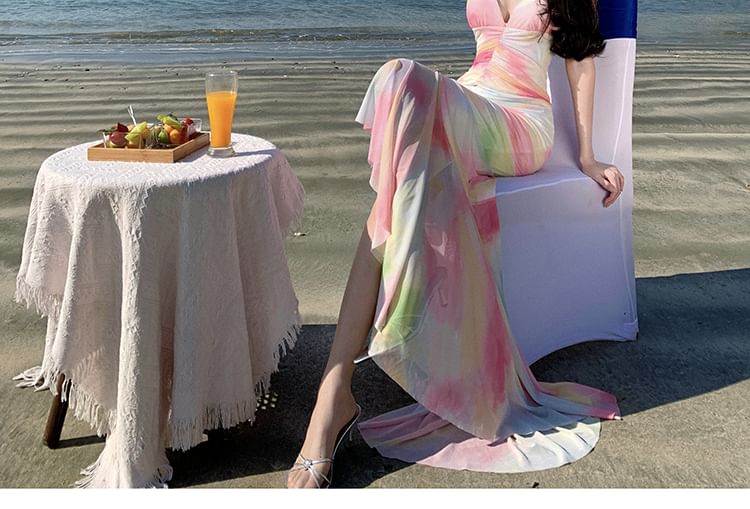 Spaghetti Strap V-Neck Tie Dye Asymmetrical Ruched Open Back Mermaid Dress