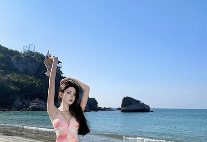 Spaghetti Strap V-Neck Tie Dye Asymmetrical Ruched Open Back Mermaid Dress