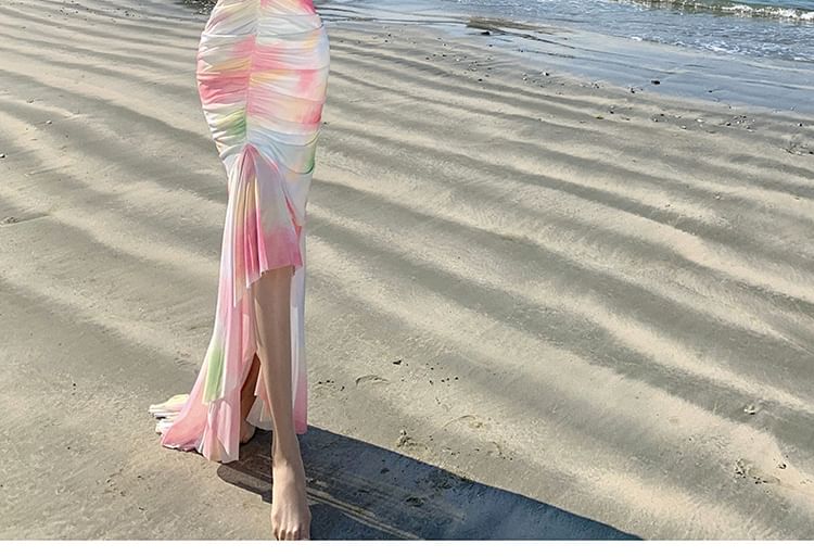 Spaghetti Strap V-Neck Tie Dye Asymmetrical Ruched Open Back Mermaid Dress