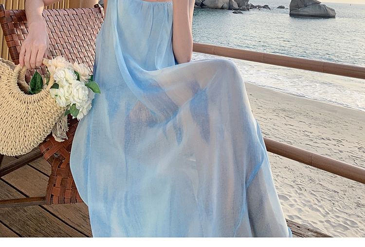 Spaghetti Strap Tie Dye Asymmetrical Sheer Open Back Maxi Sundress