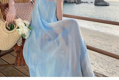 Spaghetti Strap Tie Dye Asymmetrical Sheer Open Back Maxi Sundress