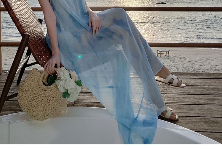 Spaghetti Strap Tie Dye Asymmetrical Sheer Open Back Maxi Sundress